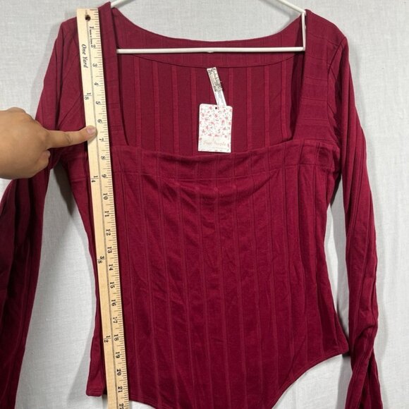 FREE PEOPLE INTIMATELY Bodysuit Large Maroon Long Sleeve Beside Me Ribbed Thong - Picture 5 of 8